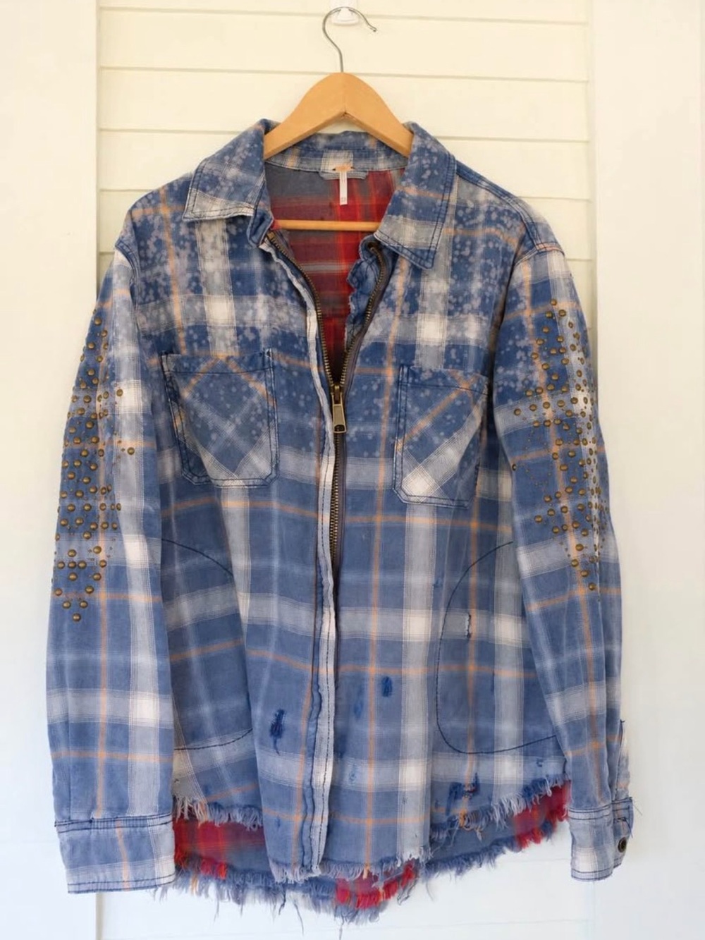 Free People Blue Plaid Utility Deconstructed Jacket with Stud Detail Size XS